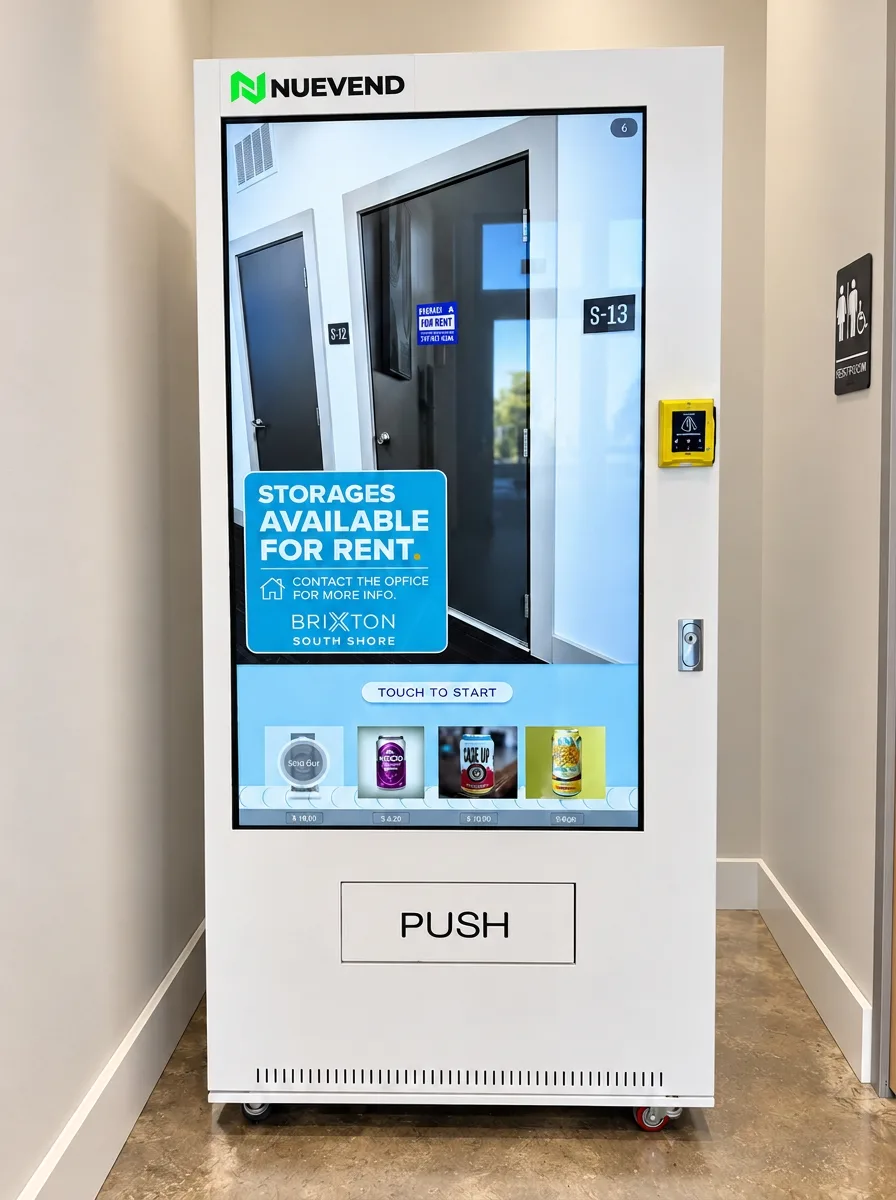 NUEVEND smart vending kiosk showing a property ad in an apartment building hallway
