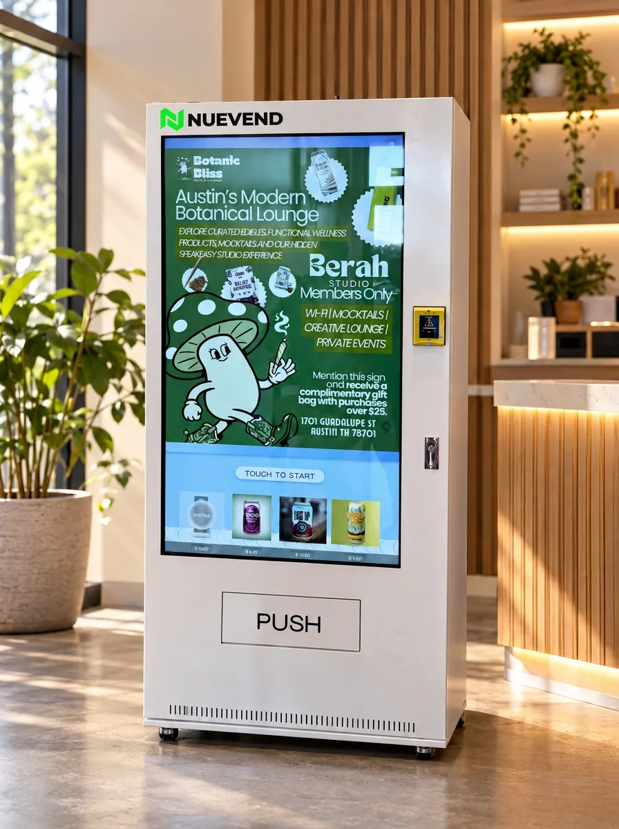 White NUEVEND smart vending kiosk with a 55-inch touchscreen ad in a sunlit Austin lounge