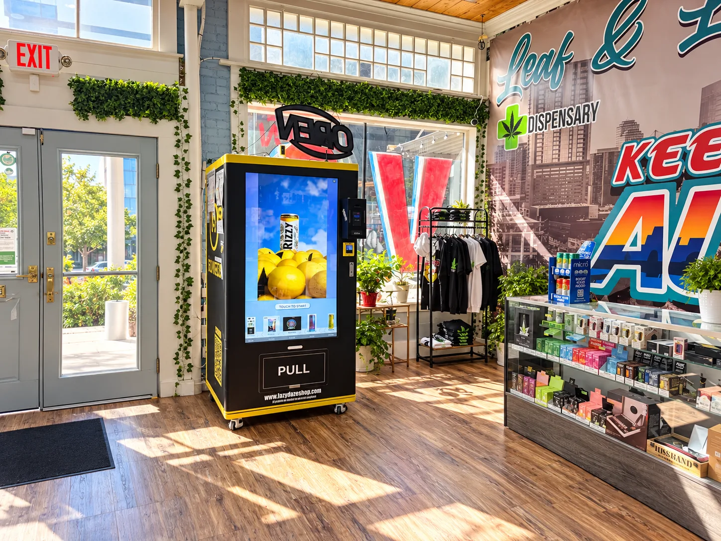 Black and yellow smart vending kiosk inside a sunlit Austin retail store